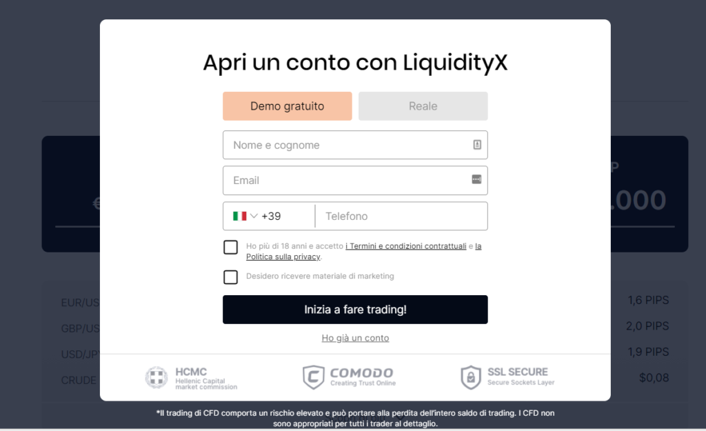 apri conto demo liquidityx